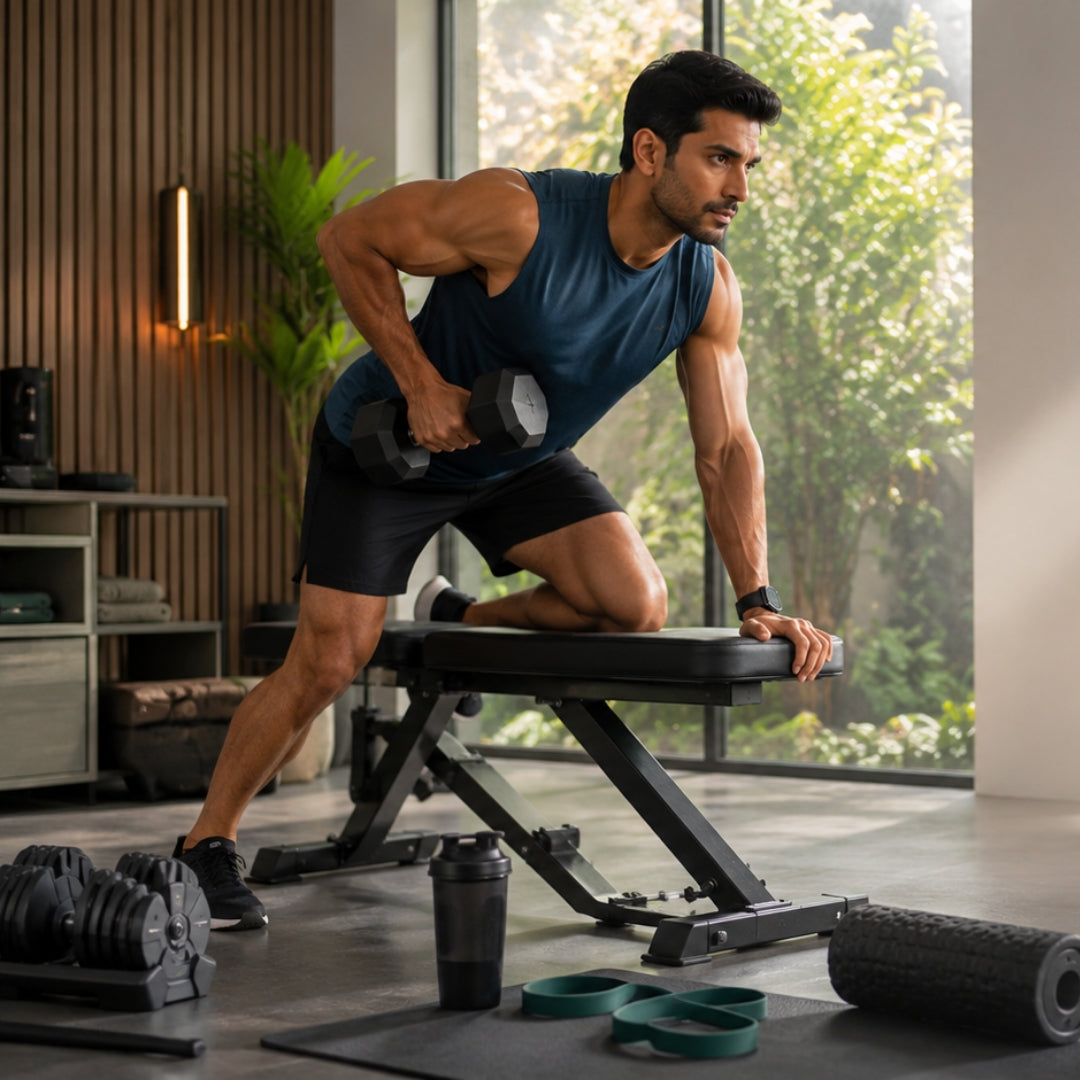 Man exercising with dumbbells in a home gym setting
