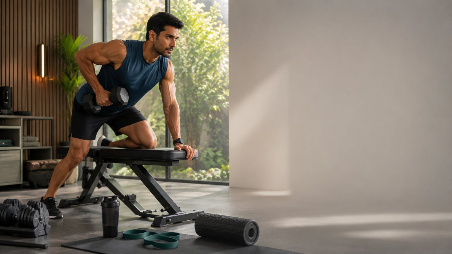 Man exercising with dumbbells in a home gym setting