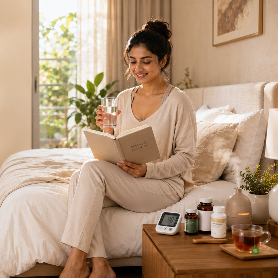 Woman reading a book and holding a glass of water in a cozy living room.