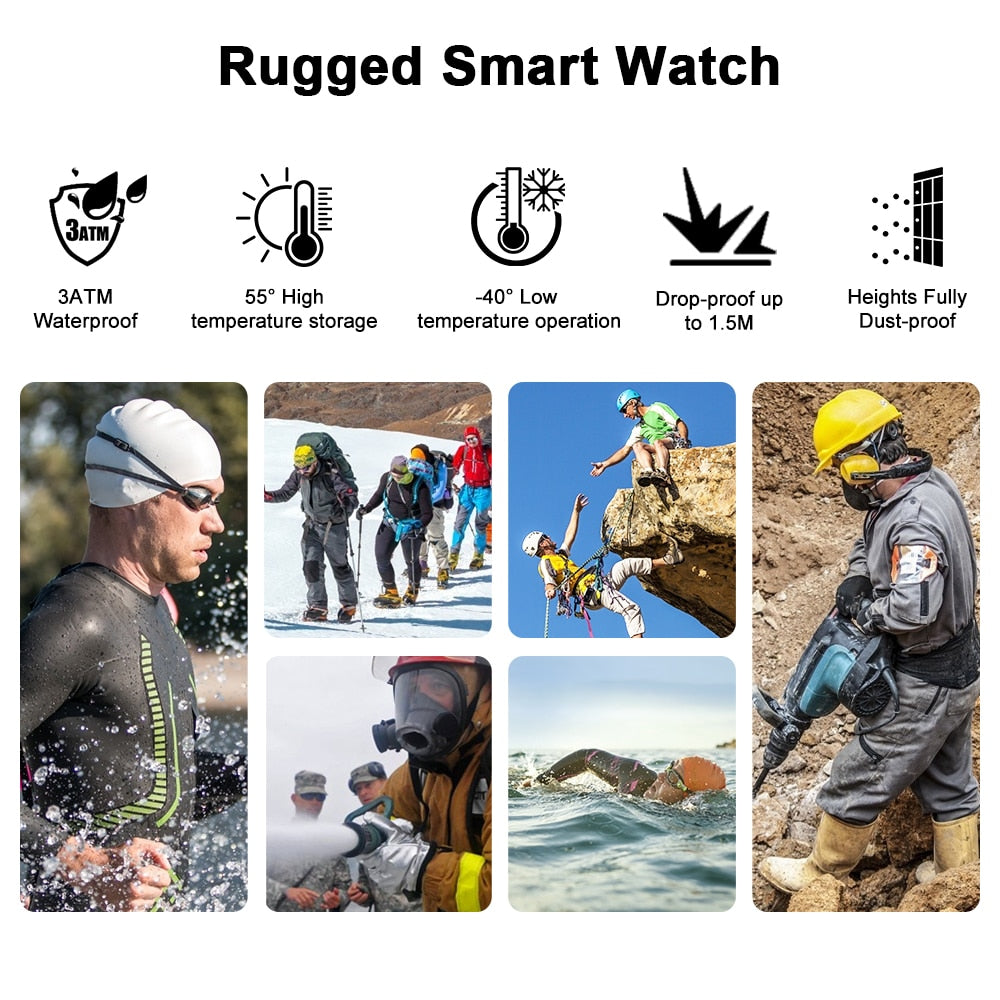 Rugged Smart Watch Men Outdoor Waterproof Fitness Blood Pressure Tracker