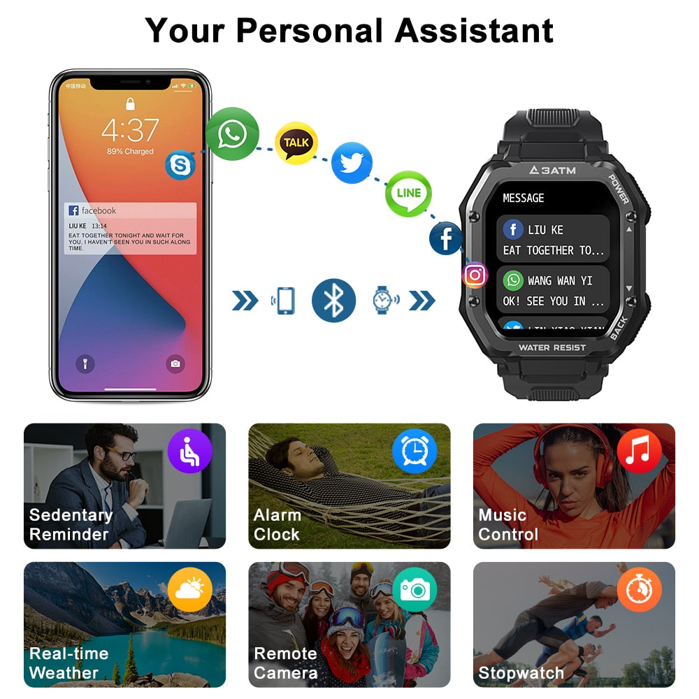 Rugged Smart Watch Men Outdoor Waterproof Fitness Blood Pressure Tracker