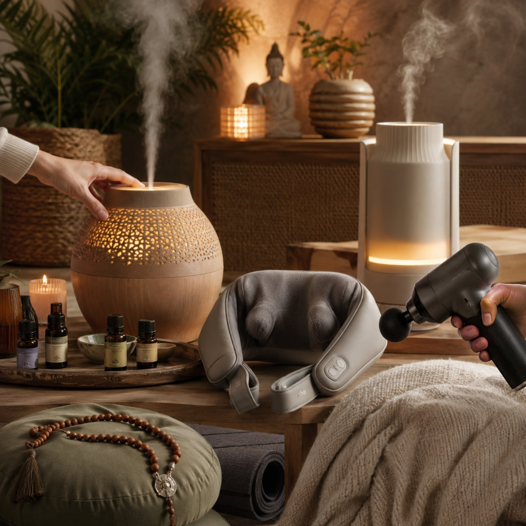 Aromatherapy setup with diffuser, massage gun, and various items on a table.