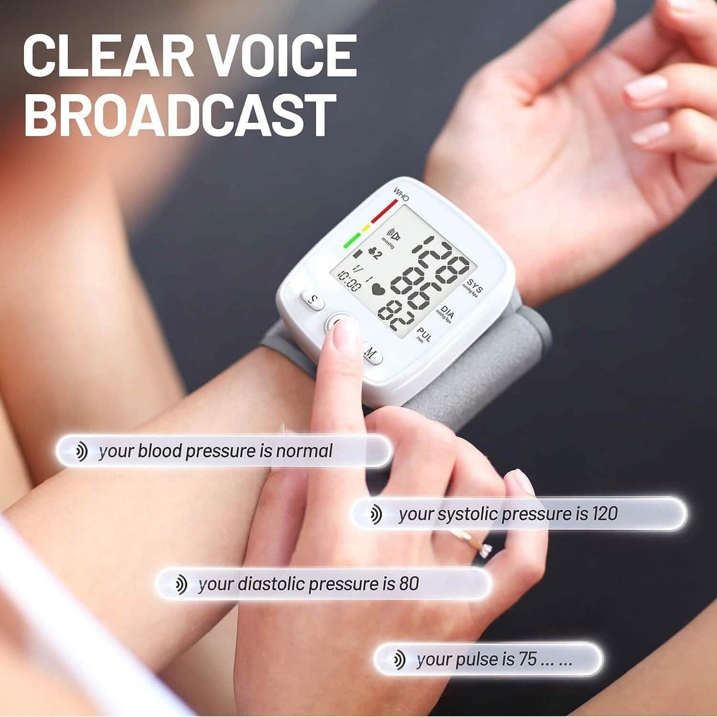 Digital Wrist Blood Pressure Monitor Automatic BP Cuff Voice LCD Display