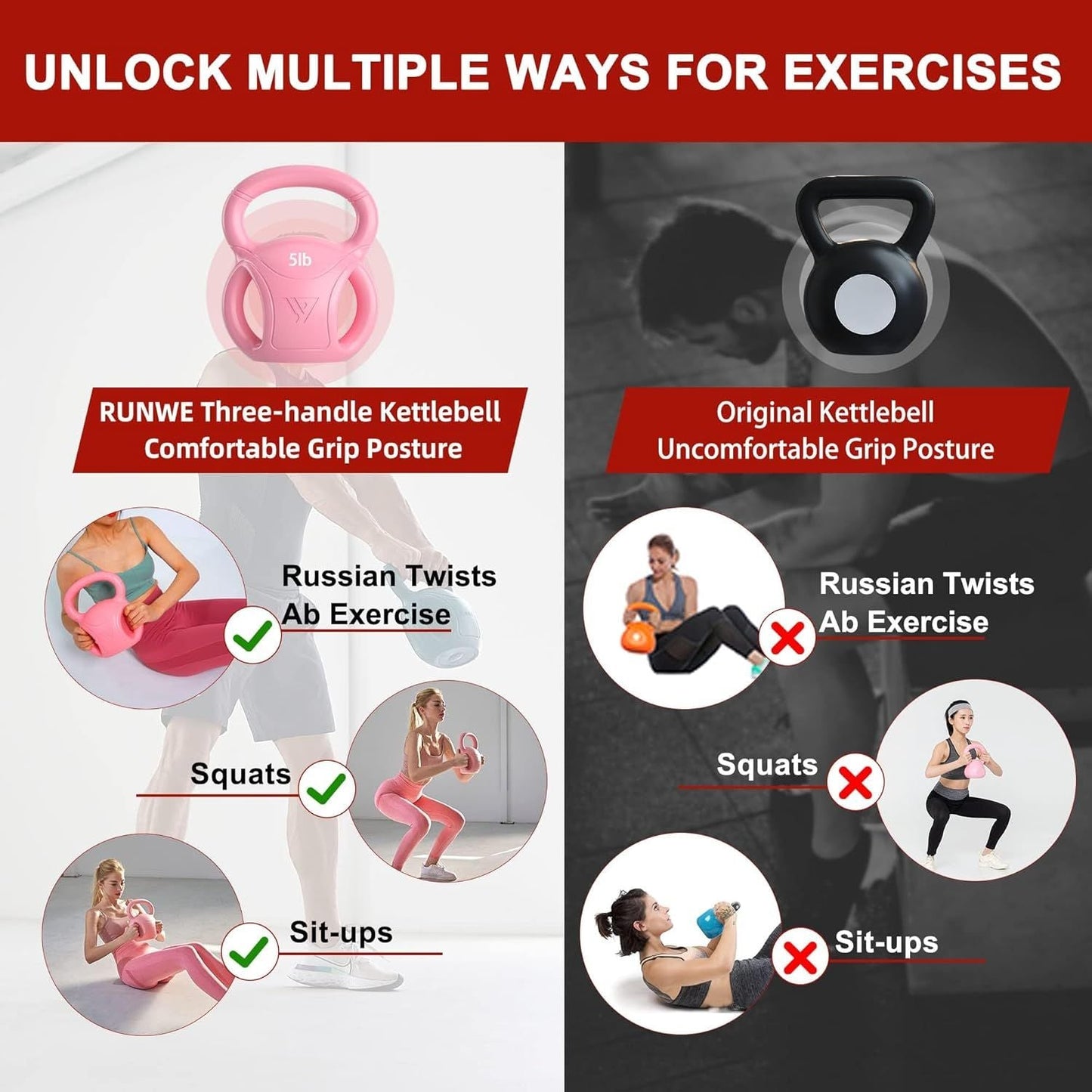 3-Handle Kettlebell Weight 5–20 lb Core Training & Home Gym Fitness