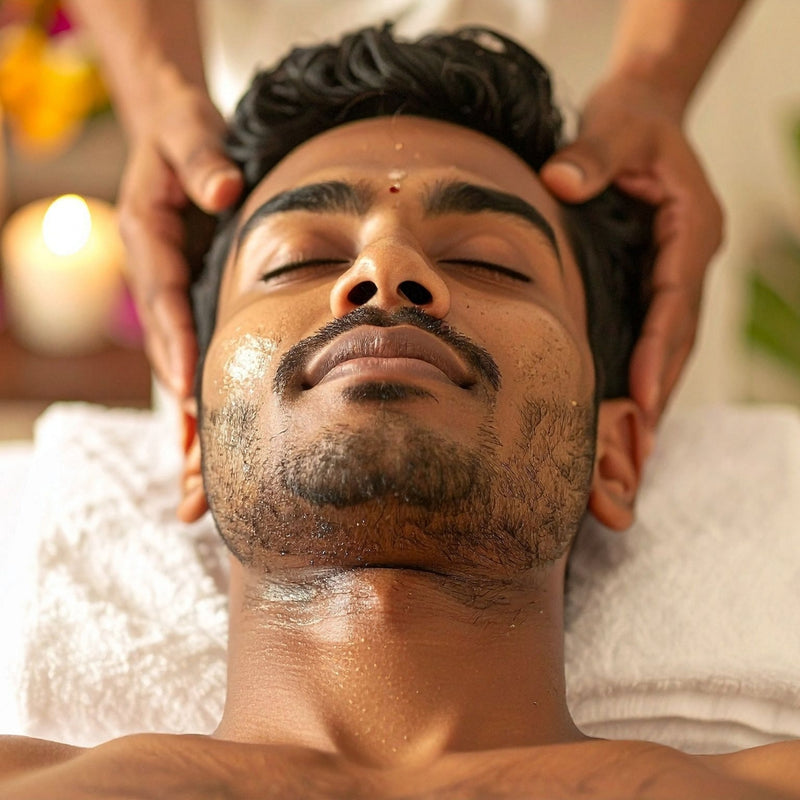 Man receiving a facial massage with hands on his head and shoulders.