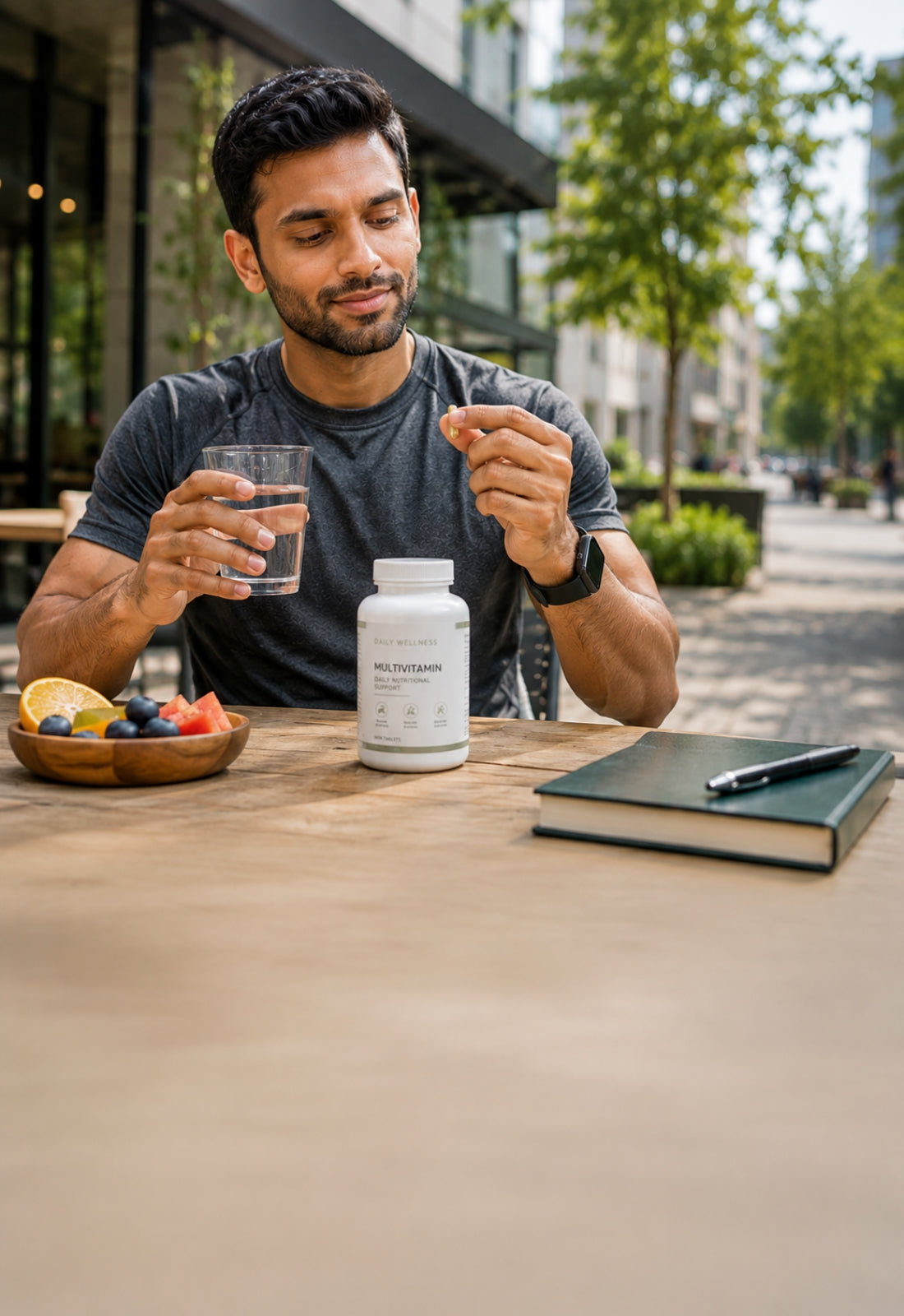 Man sitting at a table with a supplement bottle, glass of water, and notebook outdoors.