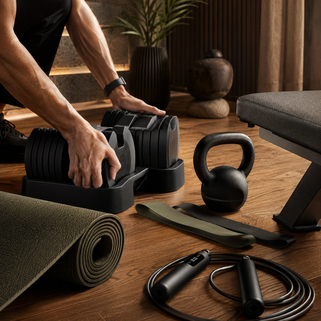 Person using a dumbbell on a wooden floor with gym equipment around