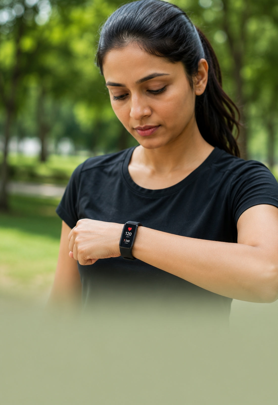 Person using a smartwatch in a park setting