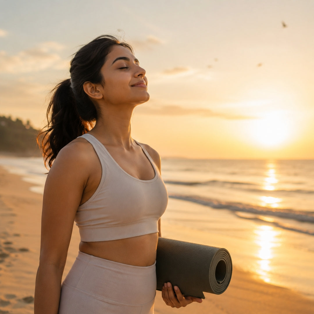 Woman holding a yoga mat on a beach at sunset