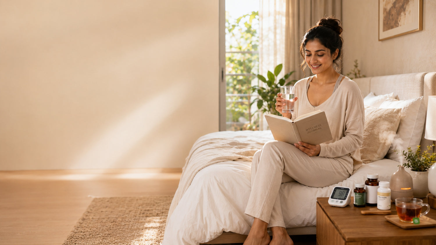 Woman reading a book on a bed in a cozy bedroom